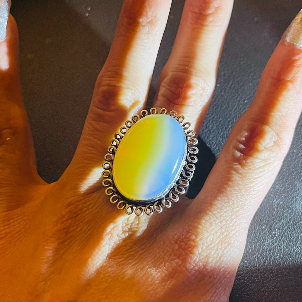 New 925 Sterling Silver Blue Yellow Triplet Opalite Artisten Oval Cut Ring - Picture 5 of 17